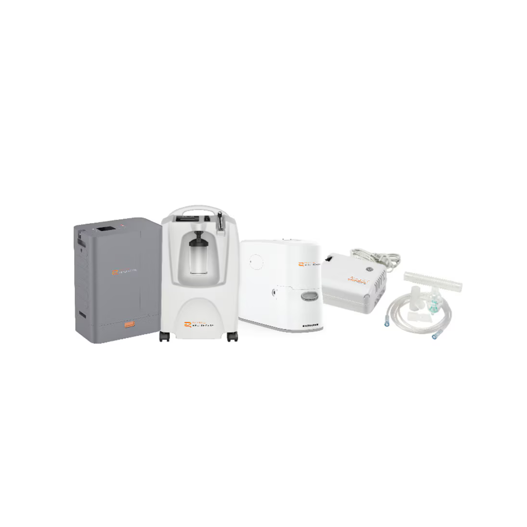 A row of five different Rhythm Oxygen Concentrator Premium Bundle devices and accessories, featuring both portable and stationary models, displayed against a white background.